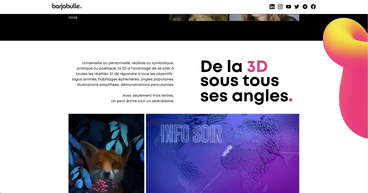 section du site barjabulle avec texte et forme 3D rose et jaune