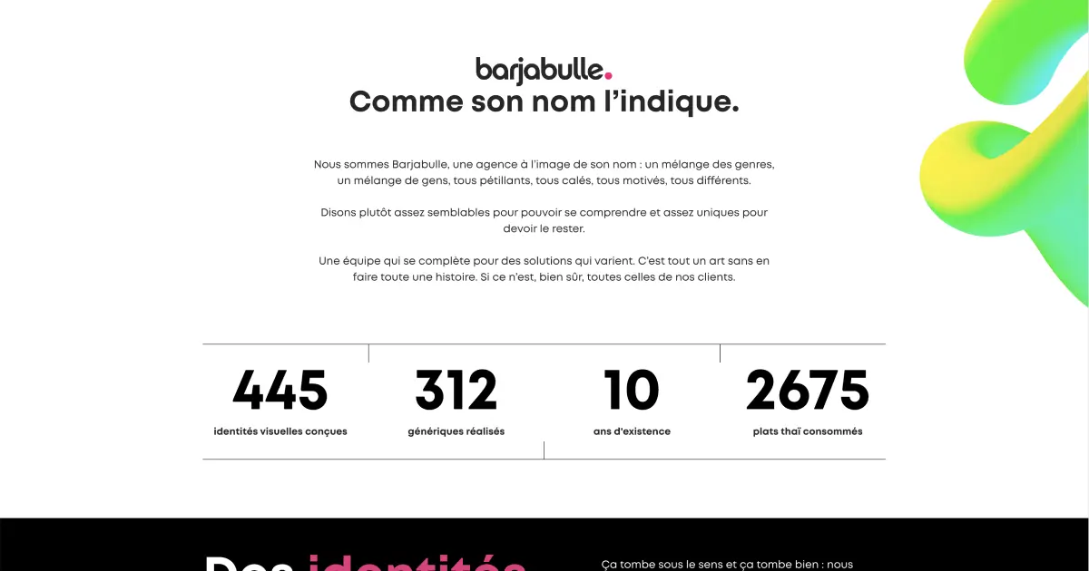 Section du site barjabulle avec des chiffres clés et une forme 3D verte et jaune