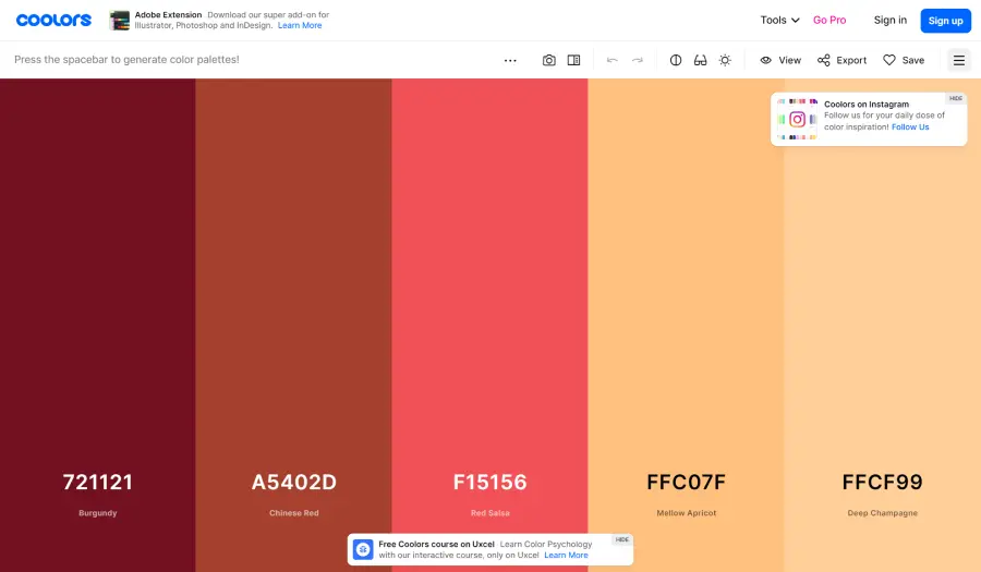 palette de couleurs rose beige et rouge généré automatiquement avec l'outil coolors