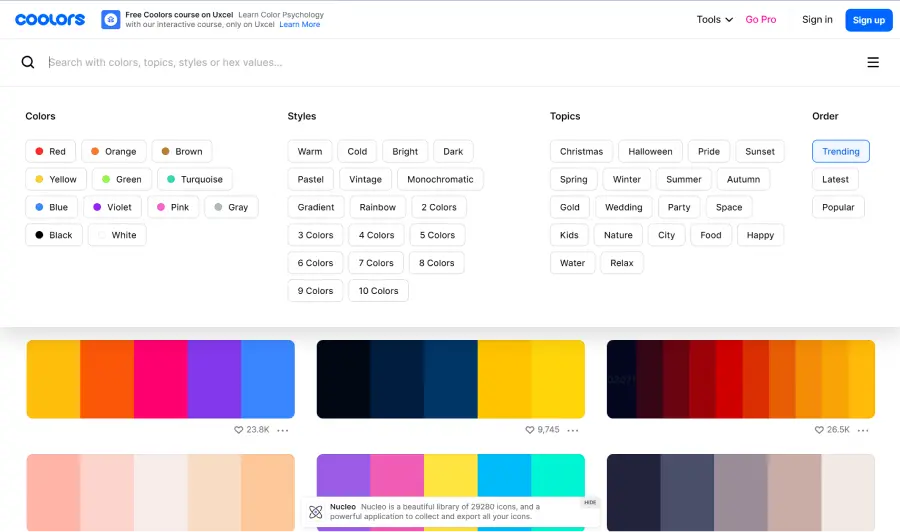 base de donnée de modèles de palettes de couleurs sur coolors