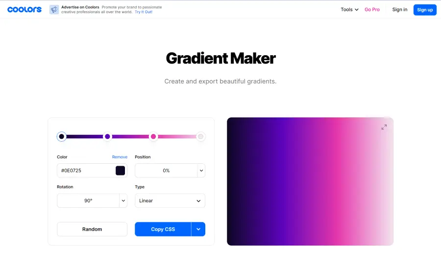 creation de gradient violet sur coolor