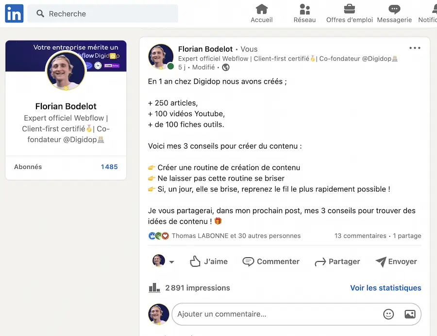 Post linkedin de Florian Bodelot sur la création de contenu