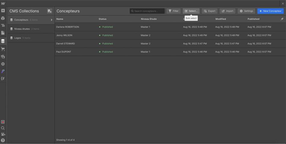 option select items collection webflow designer