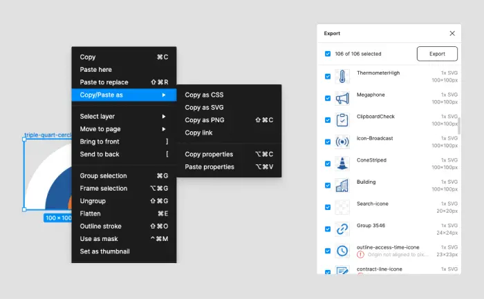 fonctionnalité export fichier svg png et css sur figma