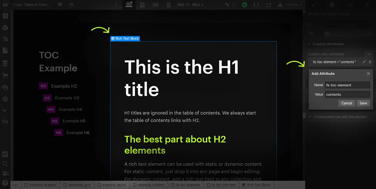 Ajout 'un attribut contents sur un Rich Text Block sur Webflow