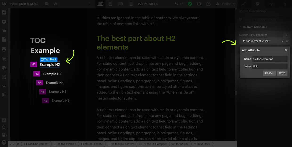 Ajout d'un attribut Link sur un lien d'un sommaire sur Webflow
