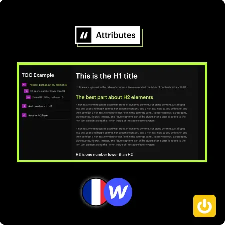 Aperçu d'un sommaire (ToC) avec le logo Attributes de Finsweet Webflow