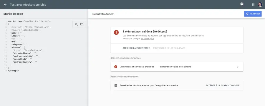 Test des résultats enrichis échoués de Google