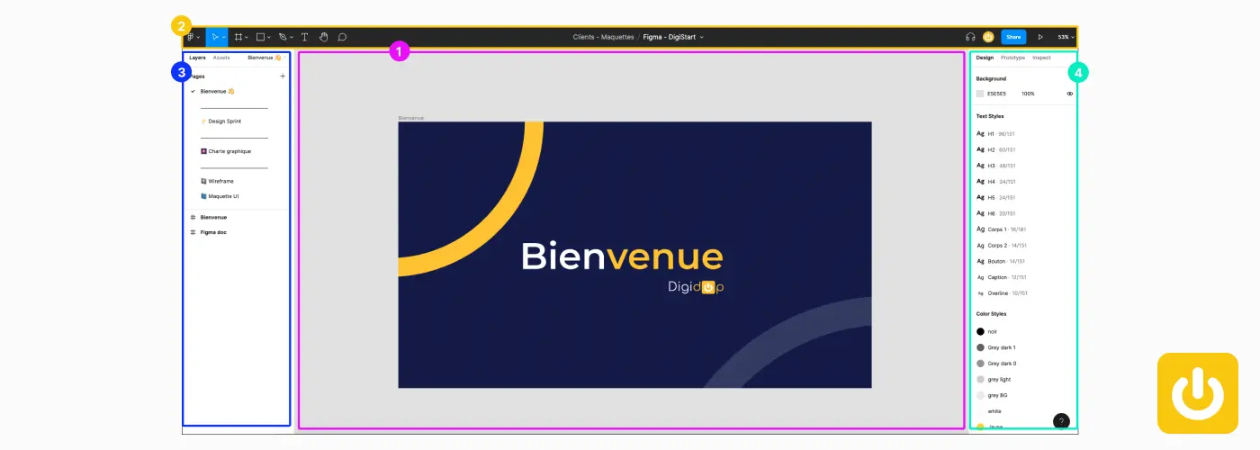 interface du designer figma avec plusieurs zones entourées de couleurs différentes et icone power jaune digidop