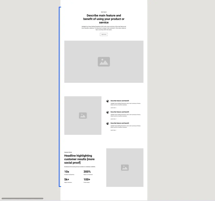 sections fonctionnalités et bénéfices d'un site web noir et blanc