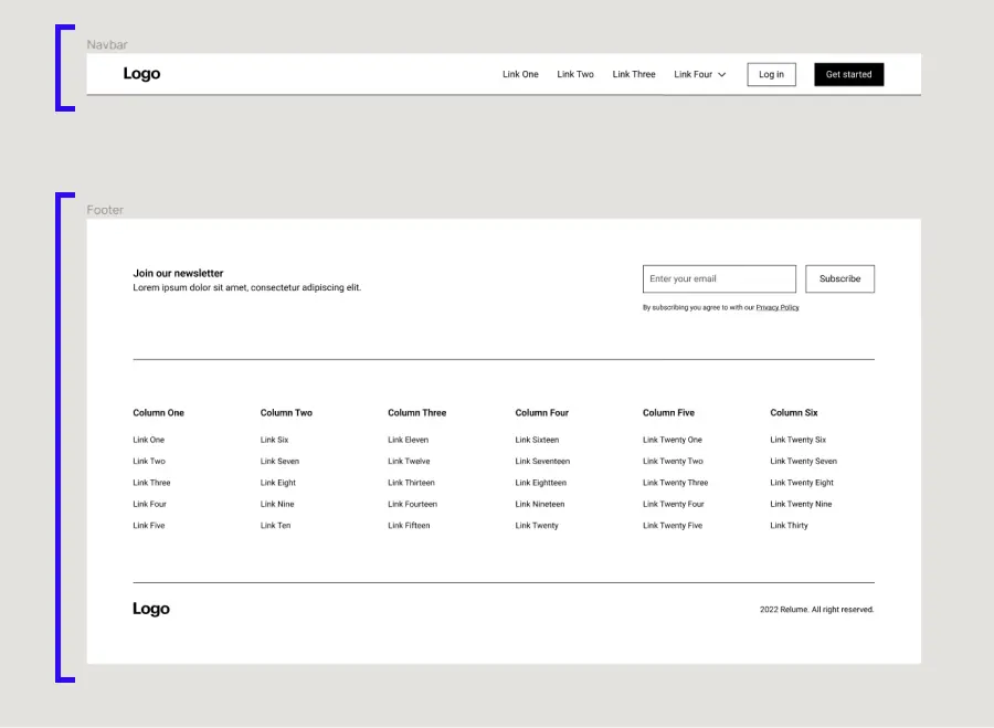 navbar et footer noir et blanc d'un site web