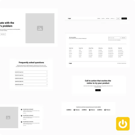 plusieurs sections UX noir et blanc de site web avec icône power jaune digidop