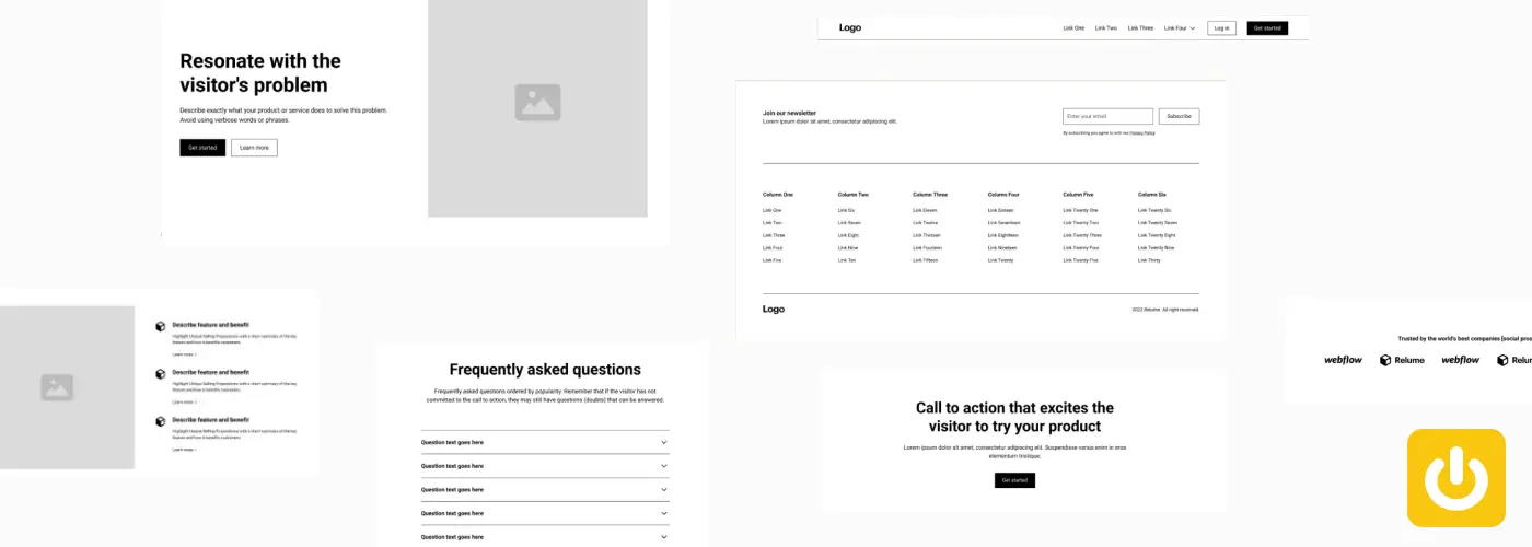 plusieurs sections UX noir et blanc de site web avec icône power jaune digidop