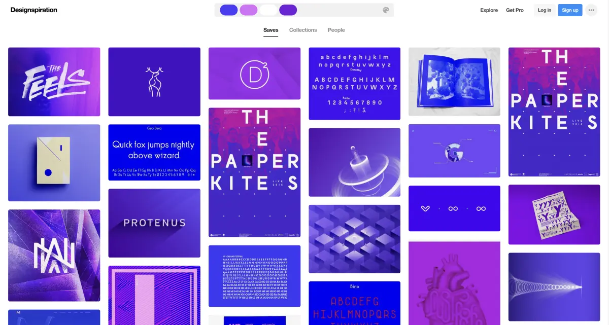 plateforme designspiration avec des exemples d'inspirations de designs bleu violet rose blanc