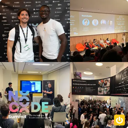Mosaïque de photos de l'événements Nocode Summit 2022 avec logo et power jaune Digidop