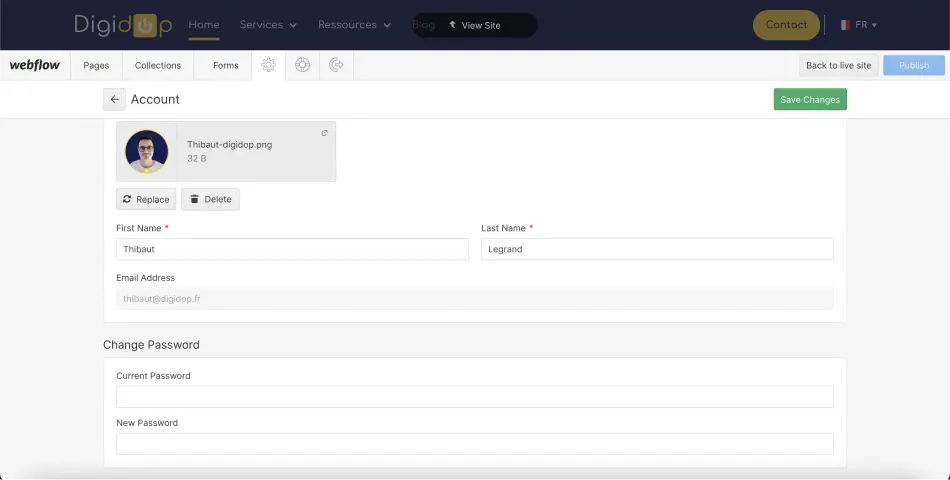 modifier le mot de passe compte depuis mode éditeur webflow