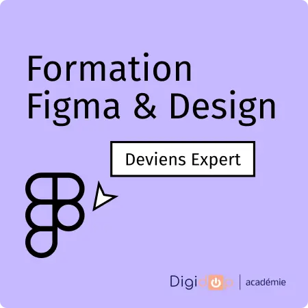 titre de la formation figma avec logo digidop académie, logo figma en noir sur fond violet