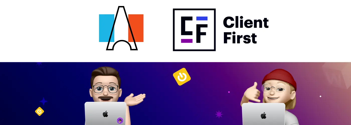 Logo Client-First avec drapeau de la france et le memoji de Thibaut et Florian de Digidop