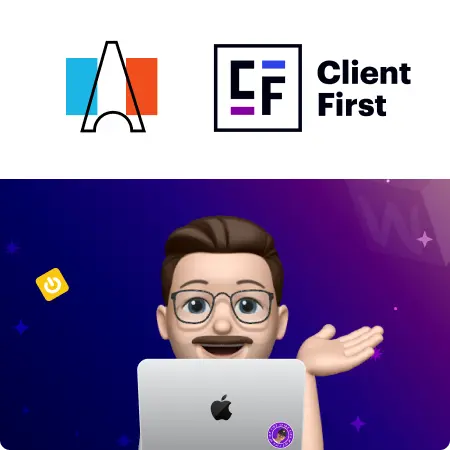 Logo Client-First avec drapeau de la france et le memoji de Thibaut