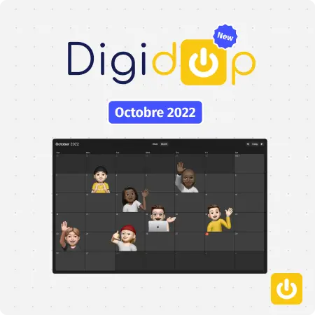 calendrier du mois d'octobre avec bitmojies de l'équipe digidop, logo digidop et badge "new"
