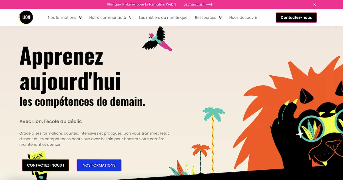 Header du site Joinlion.co avec animation de tigre et de lion