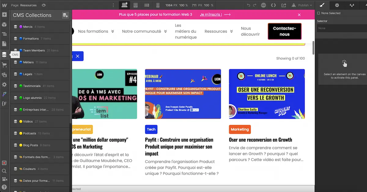 Projet Webflow avec un CMS complet et des cartes de formations