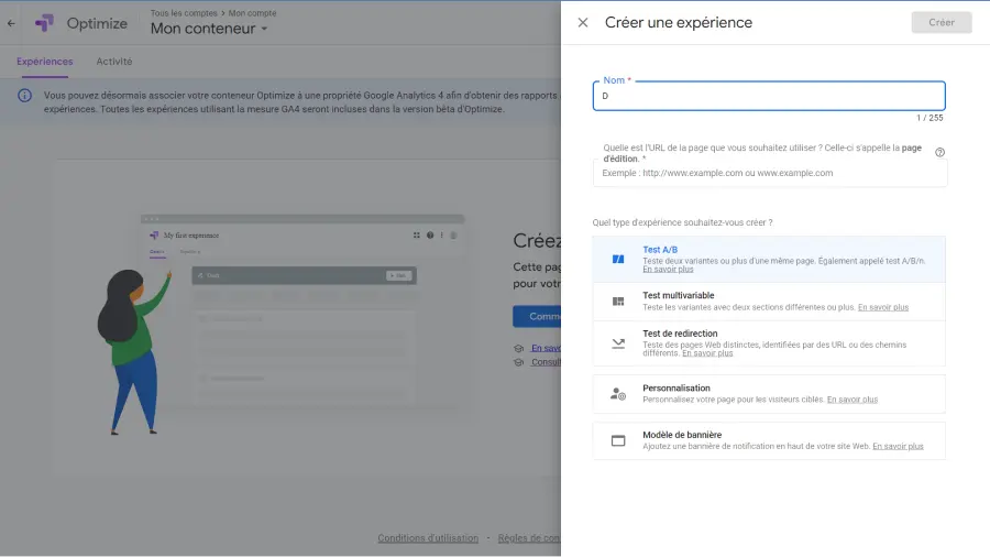 capture d'écran de plusieurs types de test google optimize