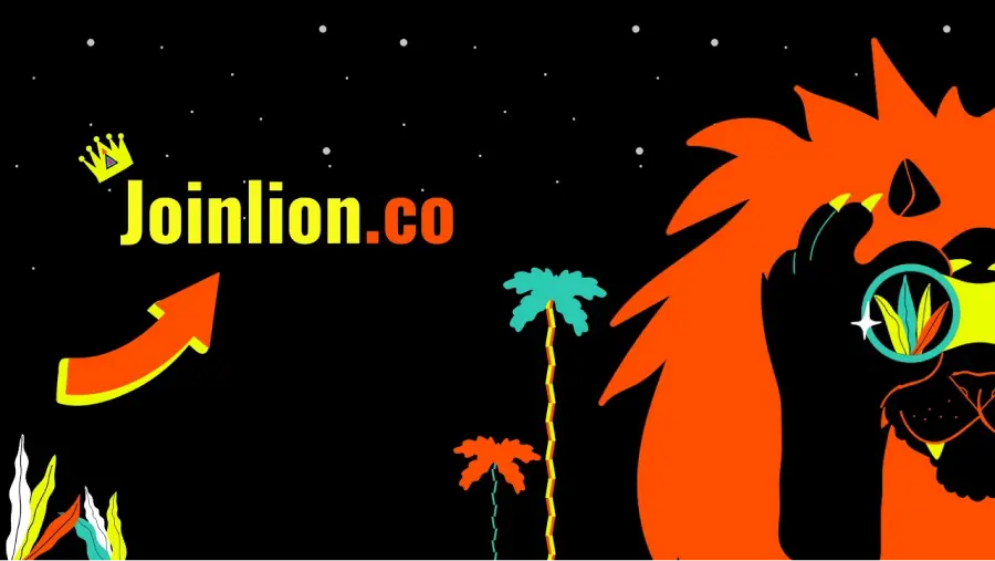éléments graphiques avec lion, arbre et feuilles jaunes oranges vertes sur fond noir et écriture joinlion.co avec flèche
