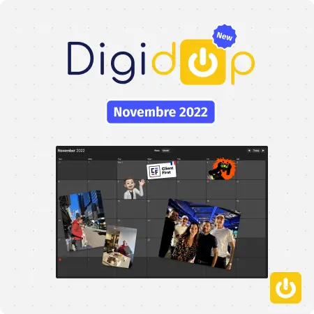 calendrier de novembre avec photos et images, logo digidop jaune et bleu et icone power jaune digidop sur fond blanc