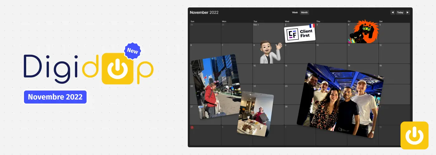 calendrier de novembre avec photos et images, logo digidop jaune et bleu et icone power jaune digidop sur fond blanc