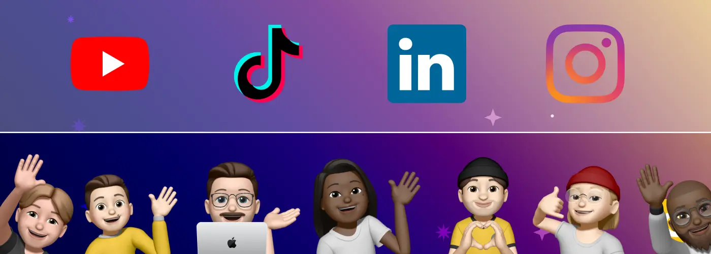 Logo Youtube, TikTok, Linkedin et Instagram avec les memoji de la team Digidop