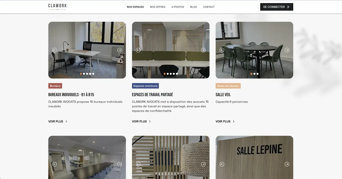 plusieurs cartes de salles de coworking sur le site de Clawork Avocats
