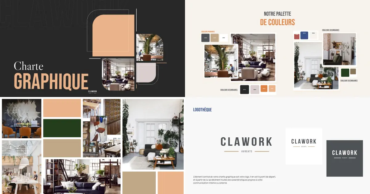 charte graphique de clawork avocats avec plusieurs couleurs des formes graphiques un logo