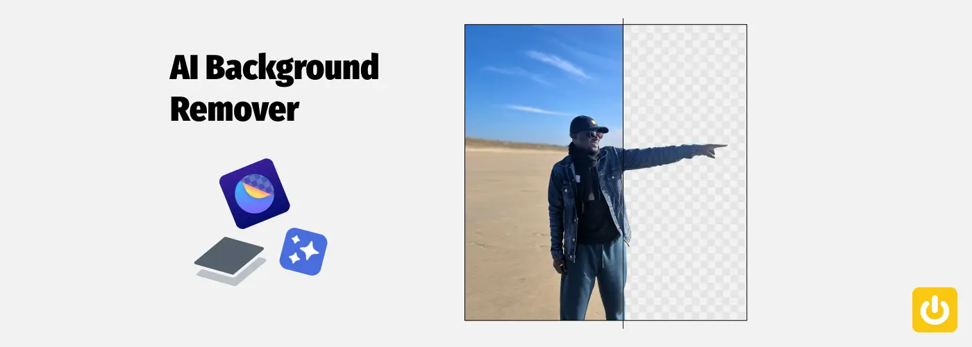 3 logo d'outils AI et une photo de Mérieux avec une partie sans fond et une partie avec une plage et un ciel bleu et icône power jaune digidop