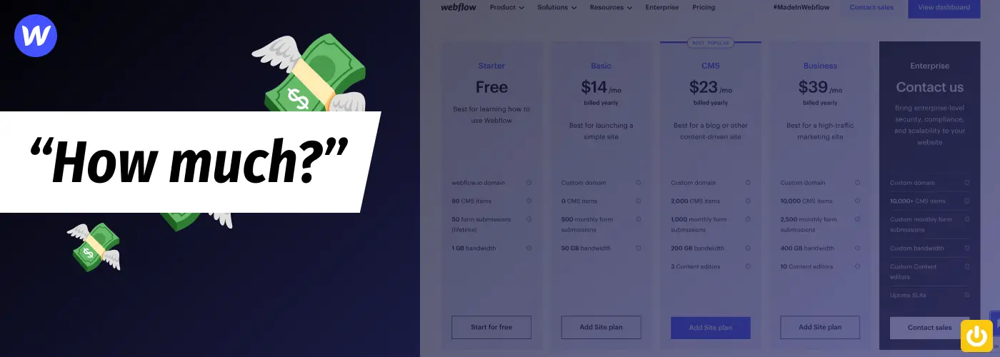 Aperçu des différentes pricing Webflow avec une quote "How much" ?