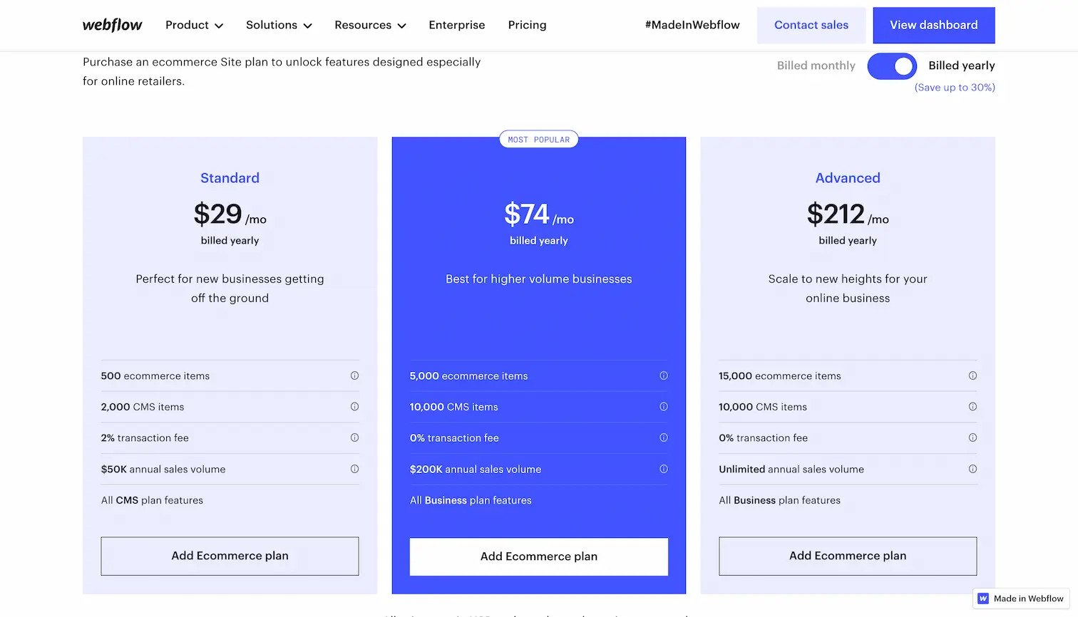 Les 3 pricings d'un site e-commerce webflow en 2023