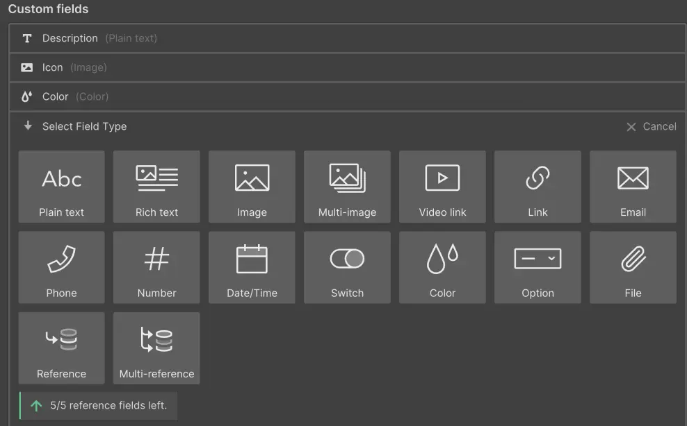Types de champs d'une Collection CMS Webflow