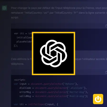 Logo Chat-GPT d'open Ai avec une requête sur du code Javascript en arrière plan