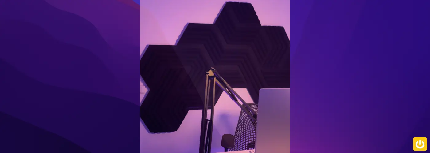 Aperçu du studio d'enregistrement avec panneaux acoustiques de Digidop avec un fond violet/rose