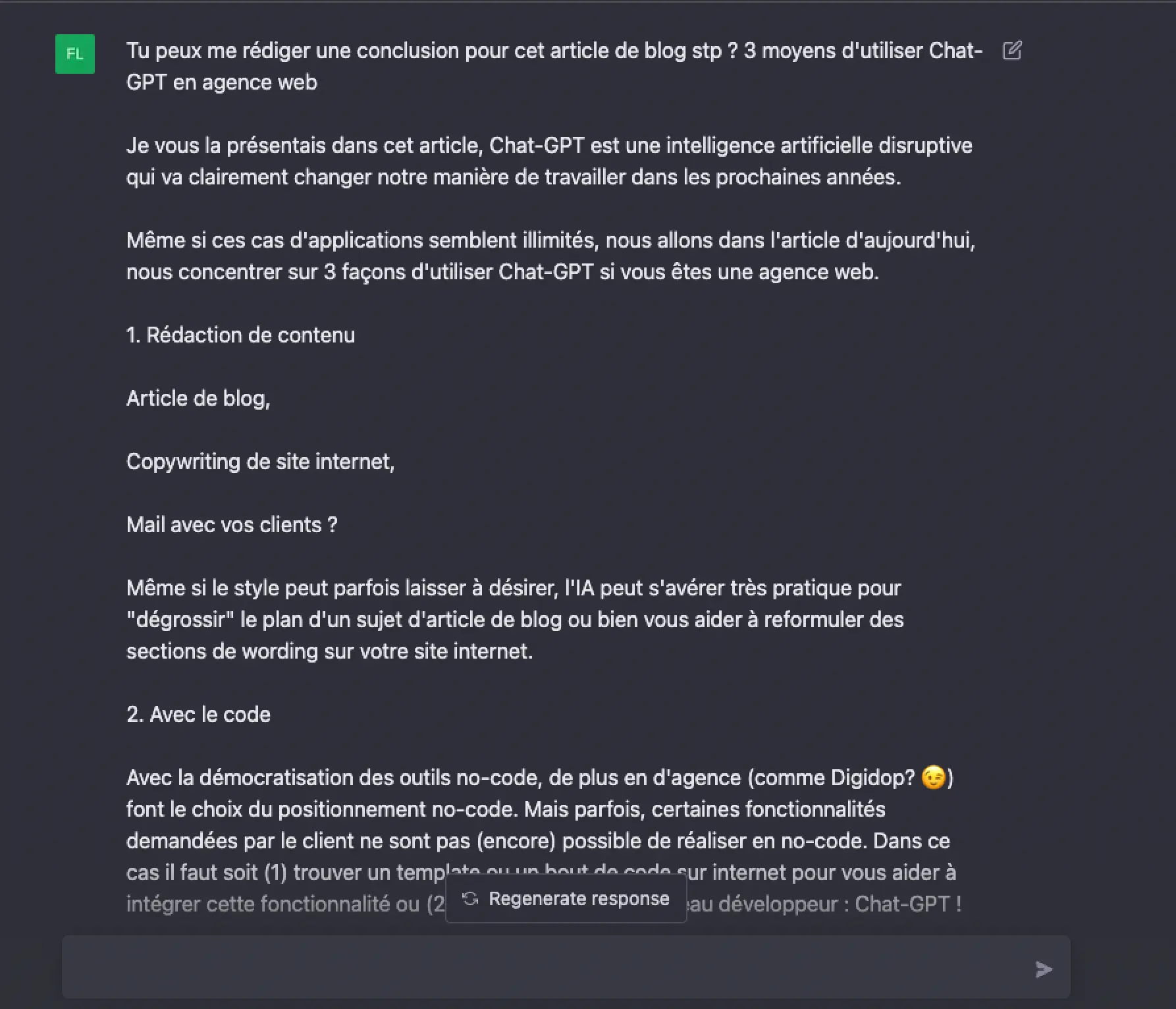 Extrait d'une demandede rédaction de conclusion pour un article de blog à Chat-GPT