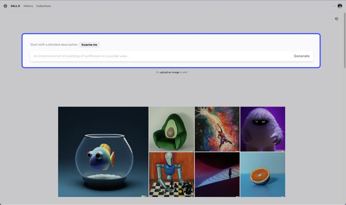 interface ia dall-e avec un focus sur la barre e recherche d'images