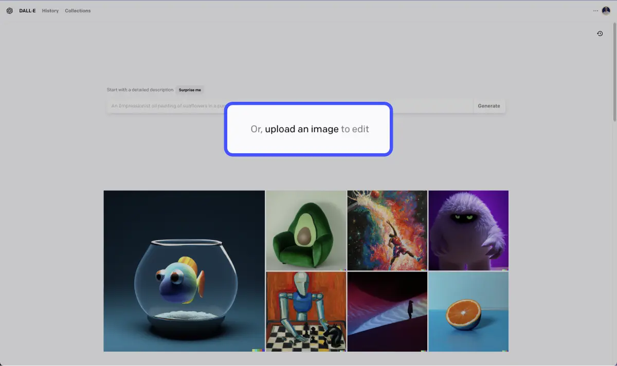interface ia dall-e avec un focus sur la fonctionnalité d'upload d'image