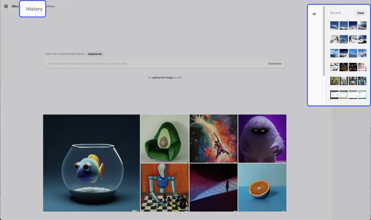 interface ia dall-e avec un focus sur l'historique d'images