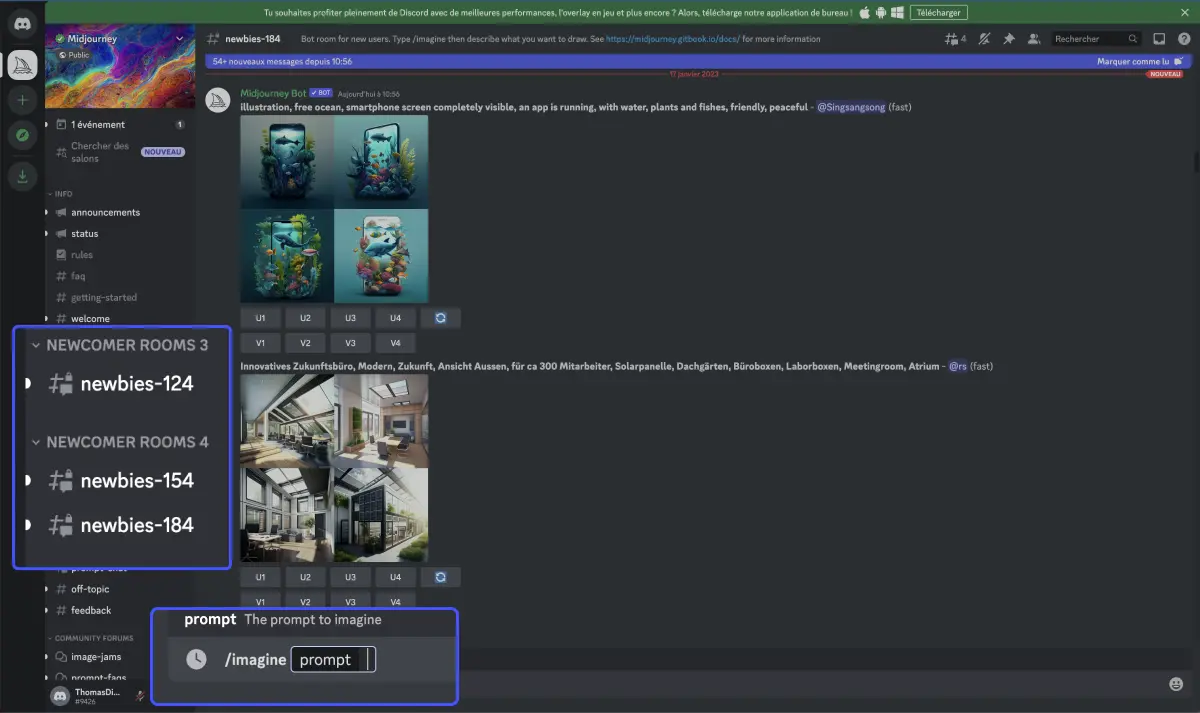 interface du discrod de l'ia midjourney avec un focus sur les room et la foctionalité de prompt