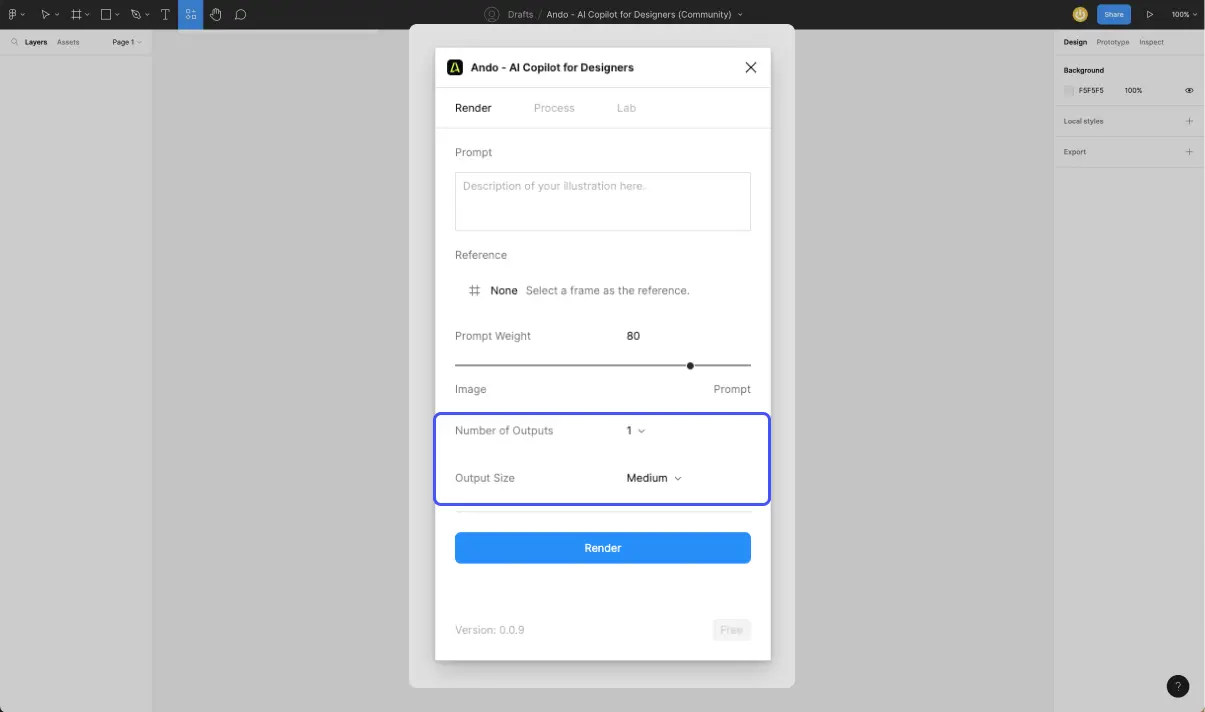plugin ando depuis interface de design figma avec deux champs de paramétrage entourés en bleu