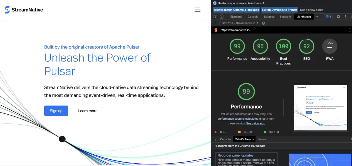 Résultat d'analyse <90 à la Google Lighthouse pour le site de Streamnative