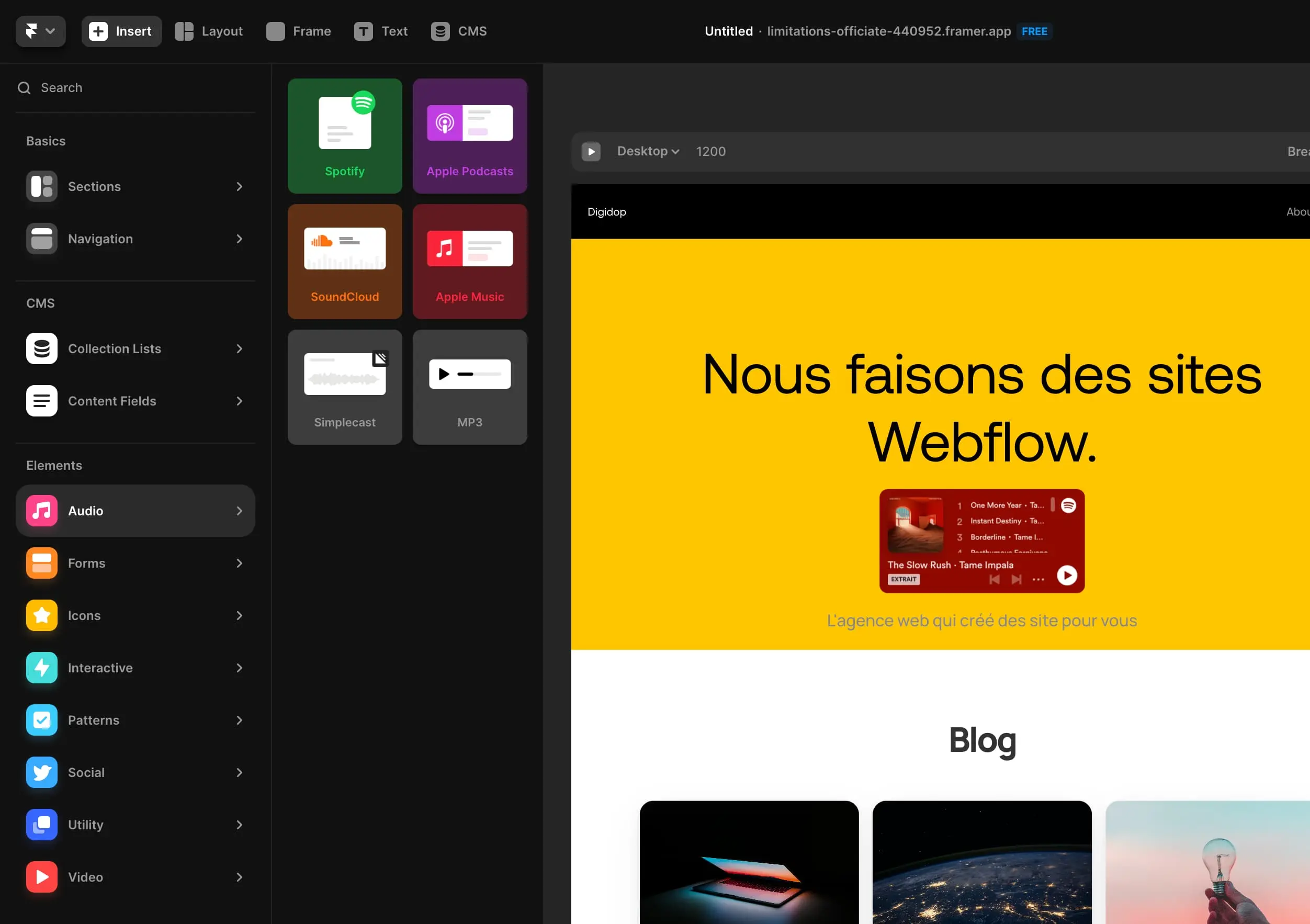 Les sections dynamiques sur Framer comme Spotify peuvent être jouées en live