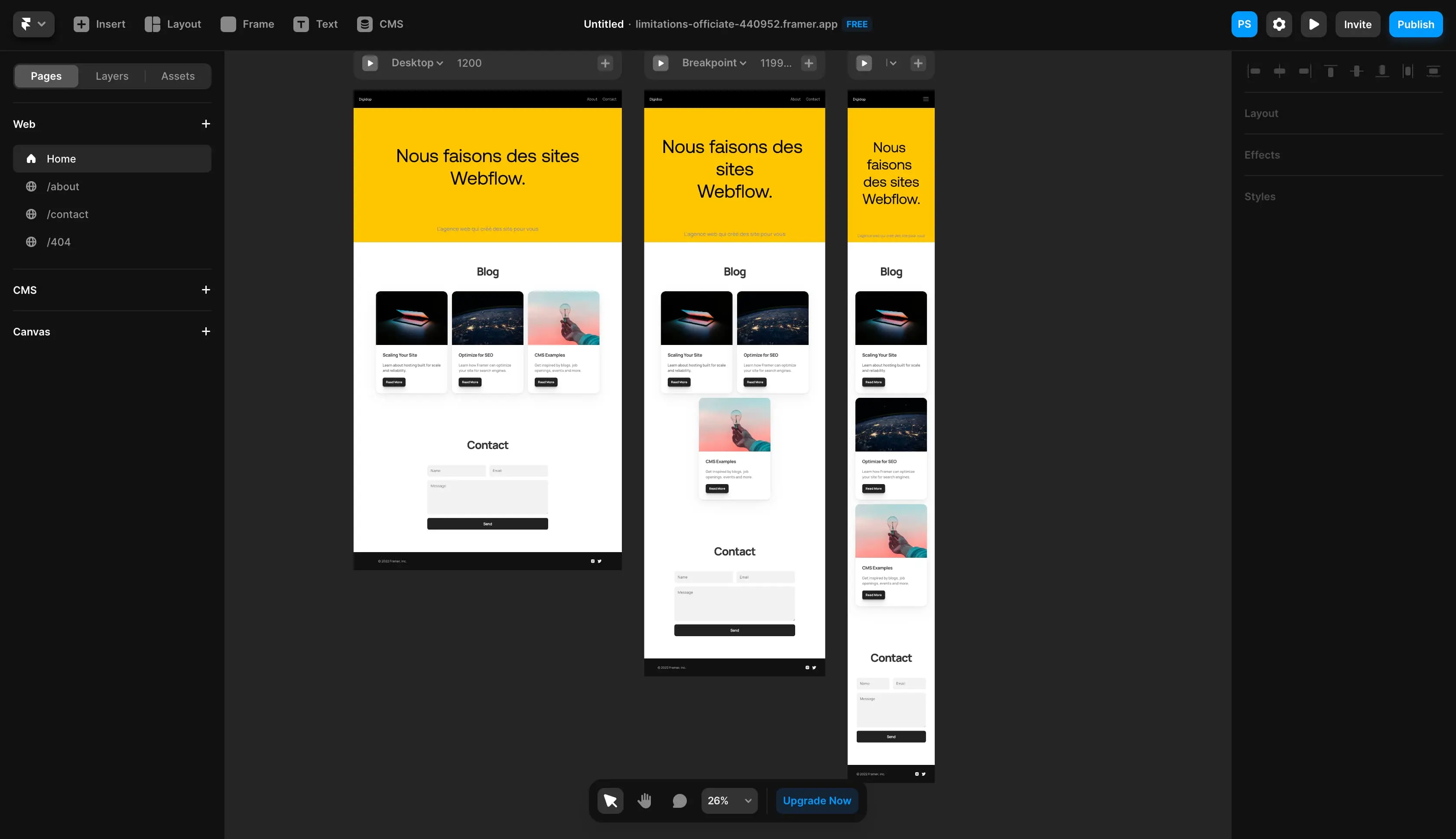 Les différents formats en responsive sur l'outil de prototypage Framer
