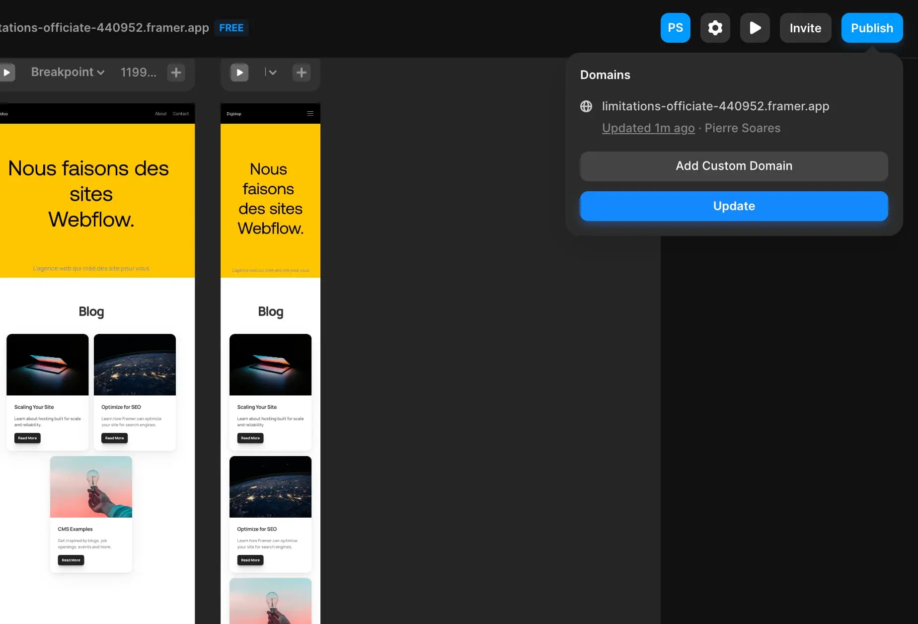 Possibilité de publier son site après avec fait le design sur Framer