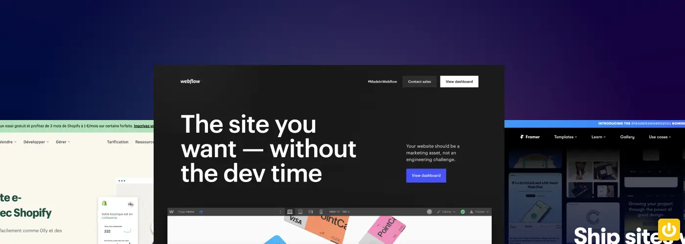 Photo des homes pages des sites de Shopify, Webflow et Framer